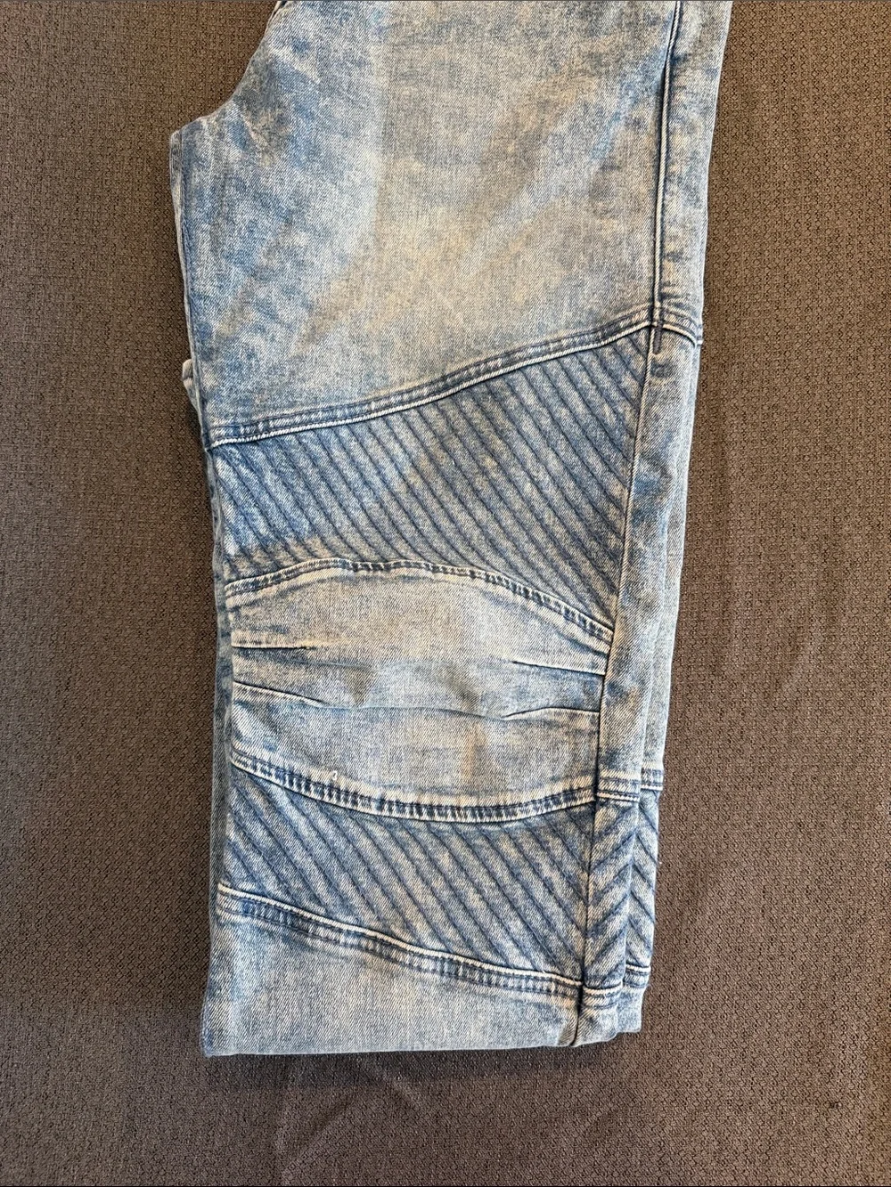 True Religion Acid Wash Blue Moto Jeans with Ribbed Knee